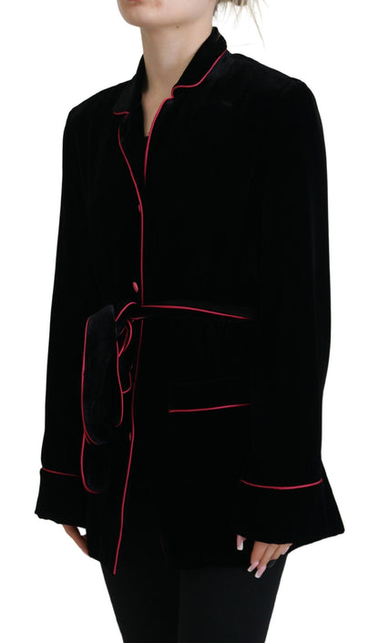Black Button Belted Blazer Viscose Jacket