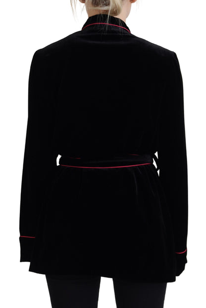Black Button Belted Blazer Viscose Jacket