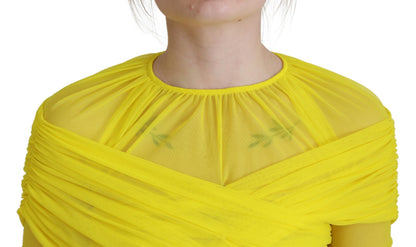 Yellow Mesh Long Sleeves Nylon Blouse Top