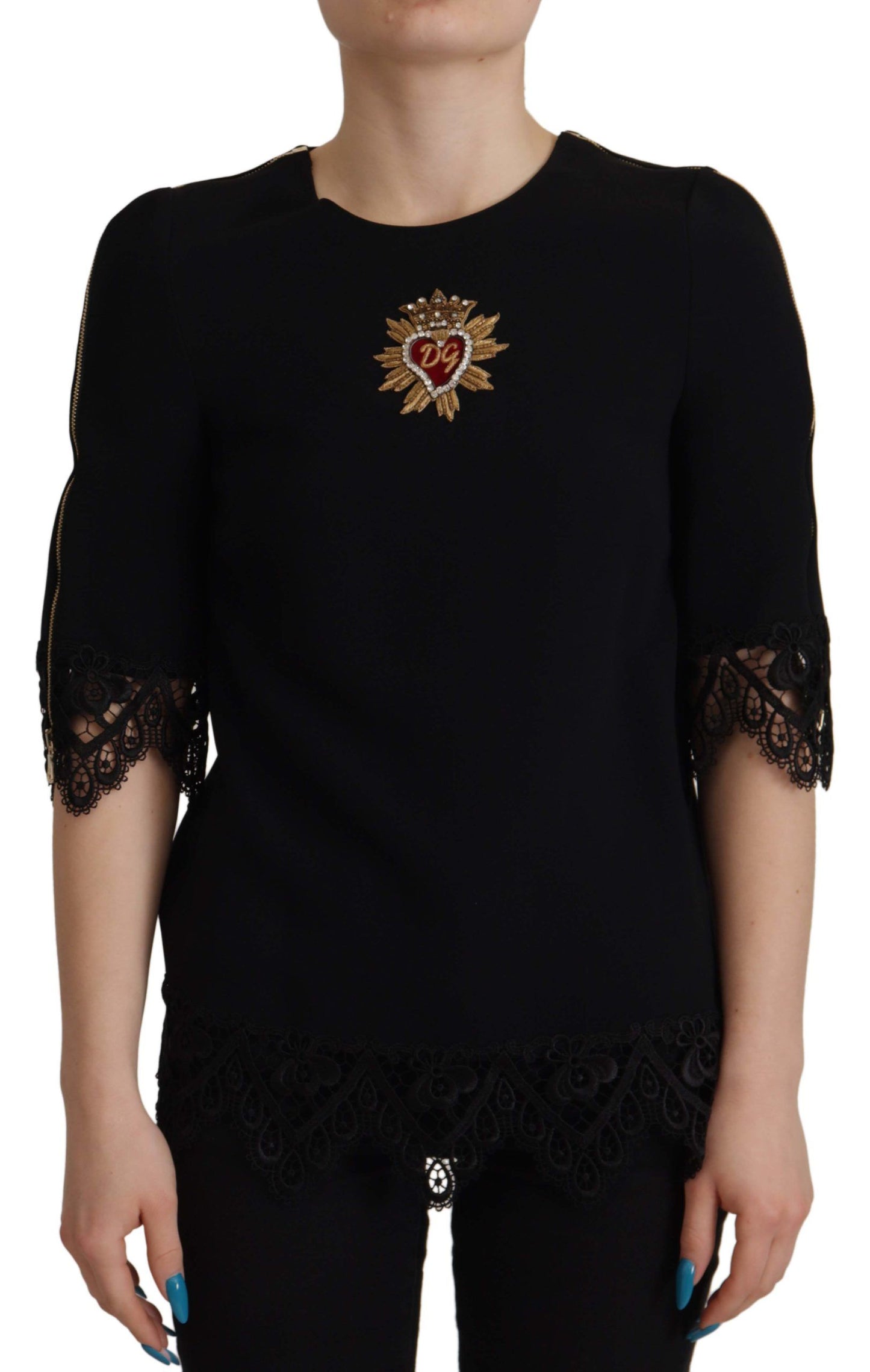 Black Cady Lace Trim Bead Embellished Logo Blouse