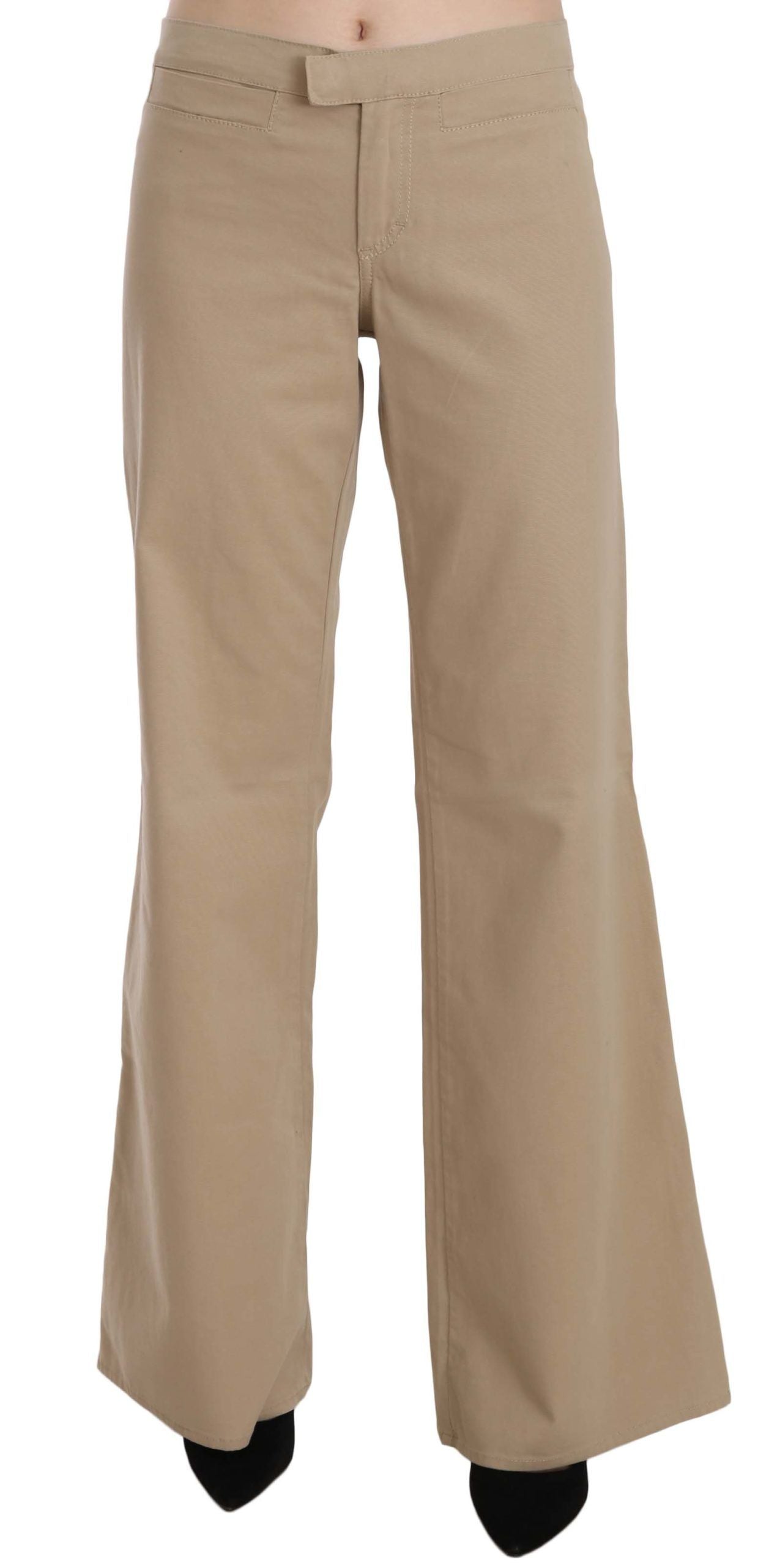 Beige Cotton Mid Waist Flared Trousers Pants