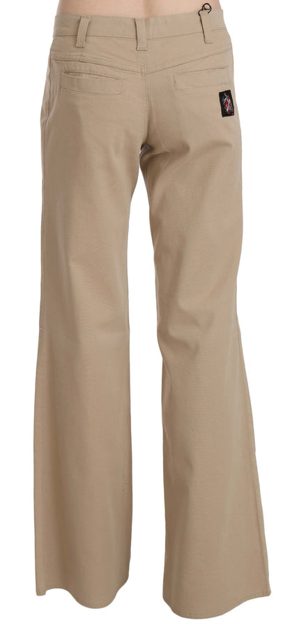 Beige Cotton Mid Waist Flared Trousers Pants