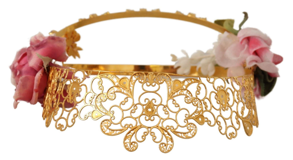 Gold Tone Brass Roses Crystals Tiara Headband Diadem Crown