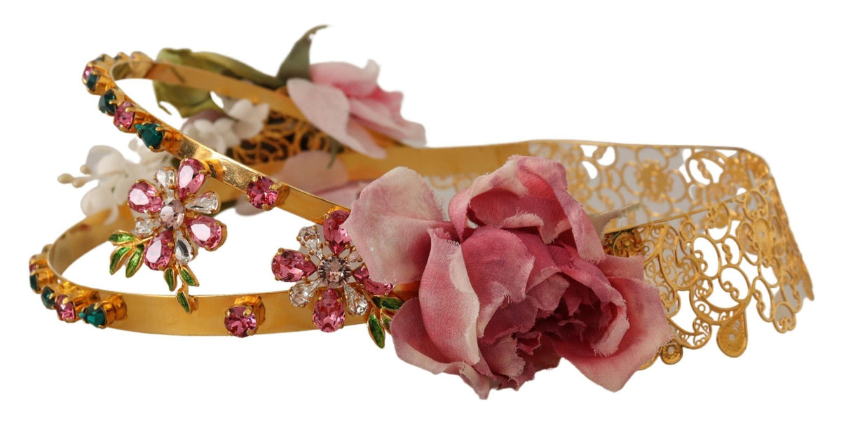Gold Tone Brass Roses Crystals Tiara Headband Diadem Crown