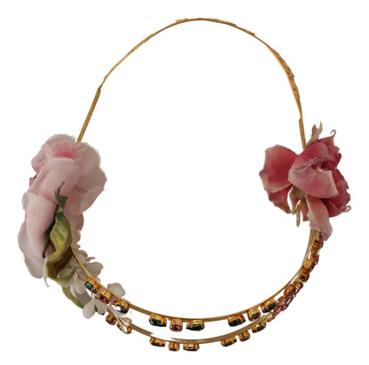 Gold Tone Brass Roses Crystals Tiara Headband Diadem Crown