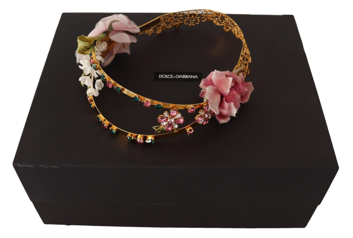 Gold Tone Brass Roses Crystals Tiara Headband Diadem Crown