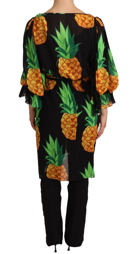 Black Ananas Print Wrap Stretch Silk Dress