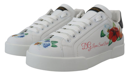 White Leather Roses Floral Sneakers Shoes