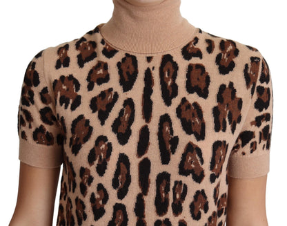Beige Leopard Cashmere Print Turtleneck Top