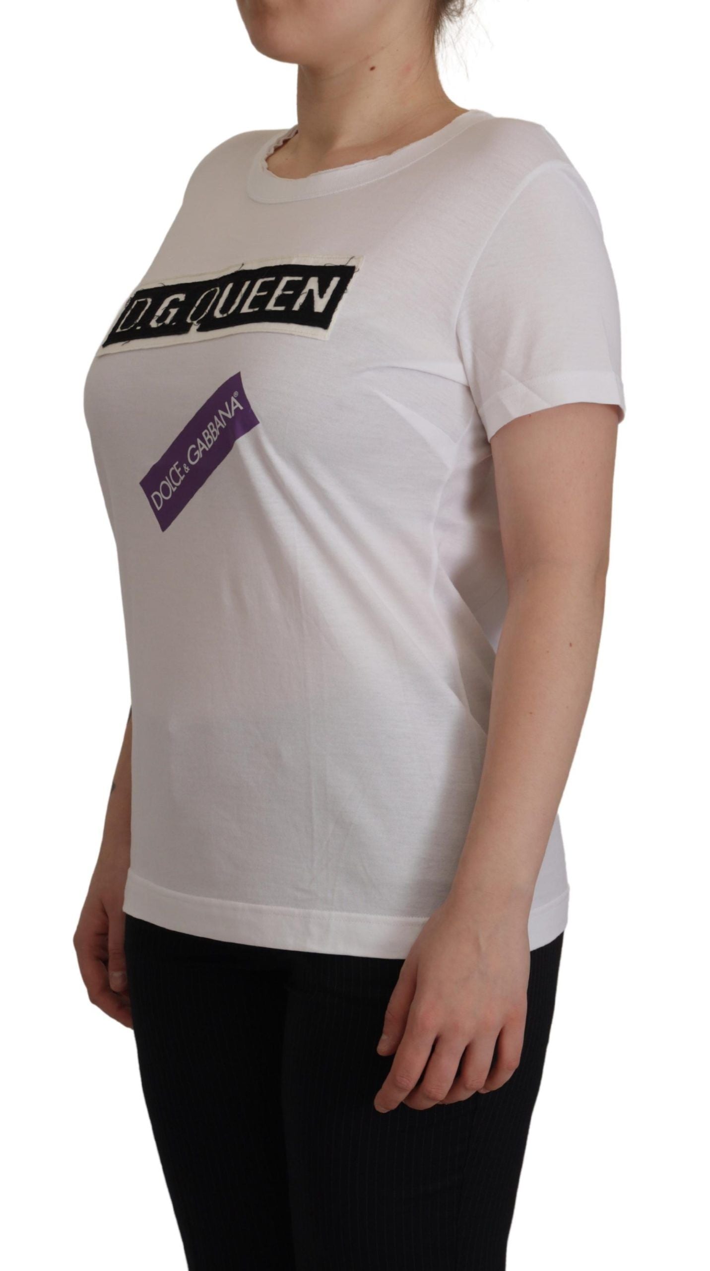 White DG Queen Patch Round Neck Cotton T-shirt
