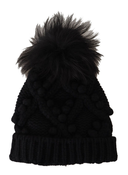 Black Cashmere Twisted knit Pompom Hat