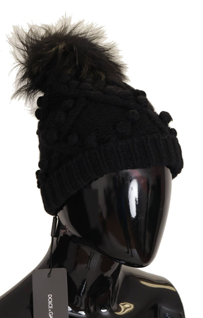 Black Cashmere Twisted knit Pompom Hat