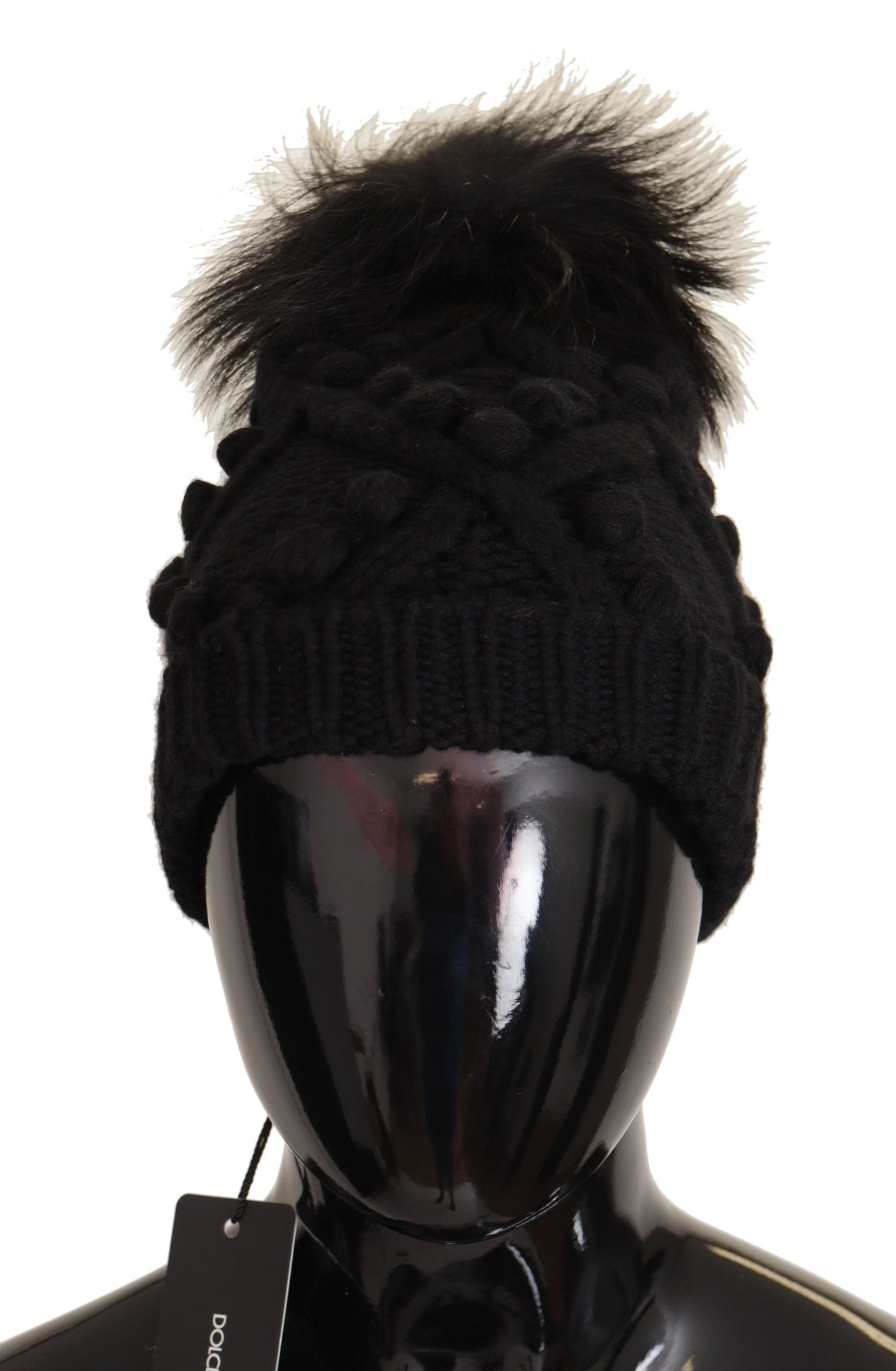 Black Cashmere Twisted knit Pompom Hat