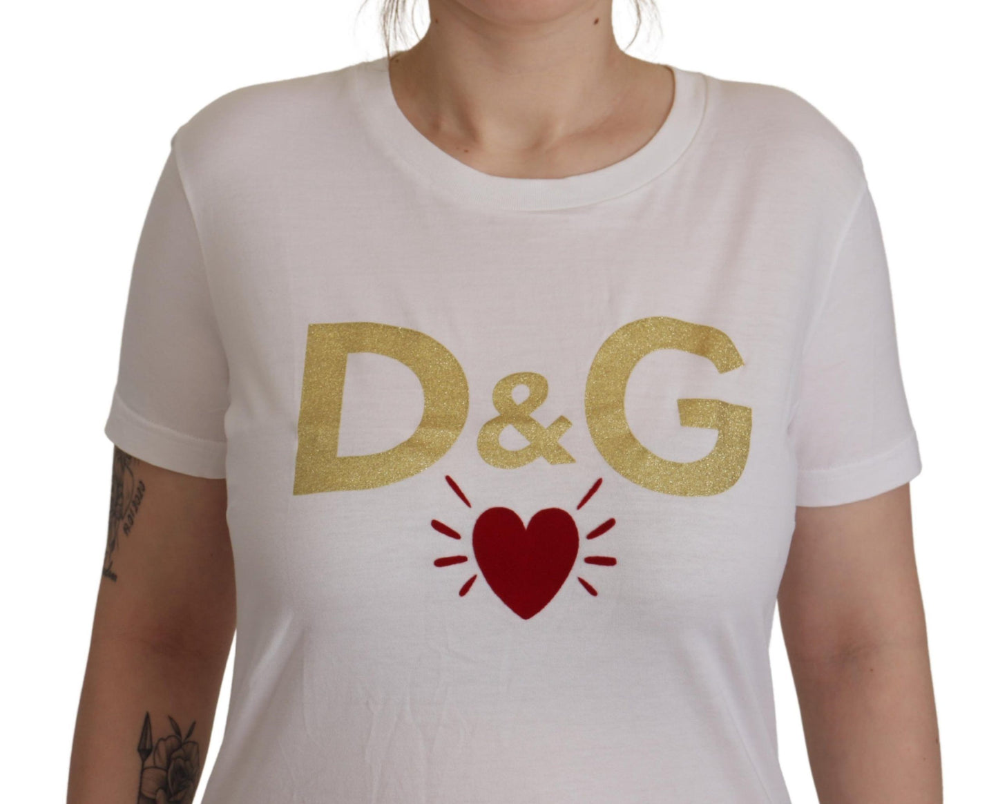 White Cotton DG Heart Printed Round Neck