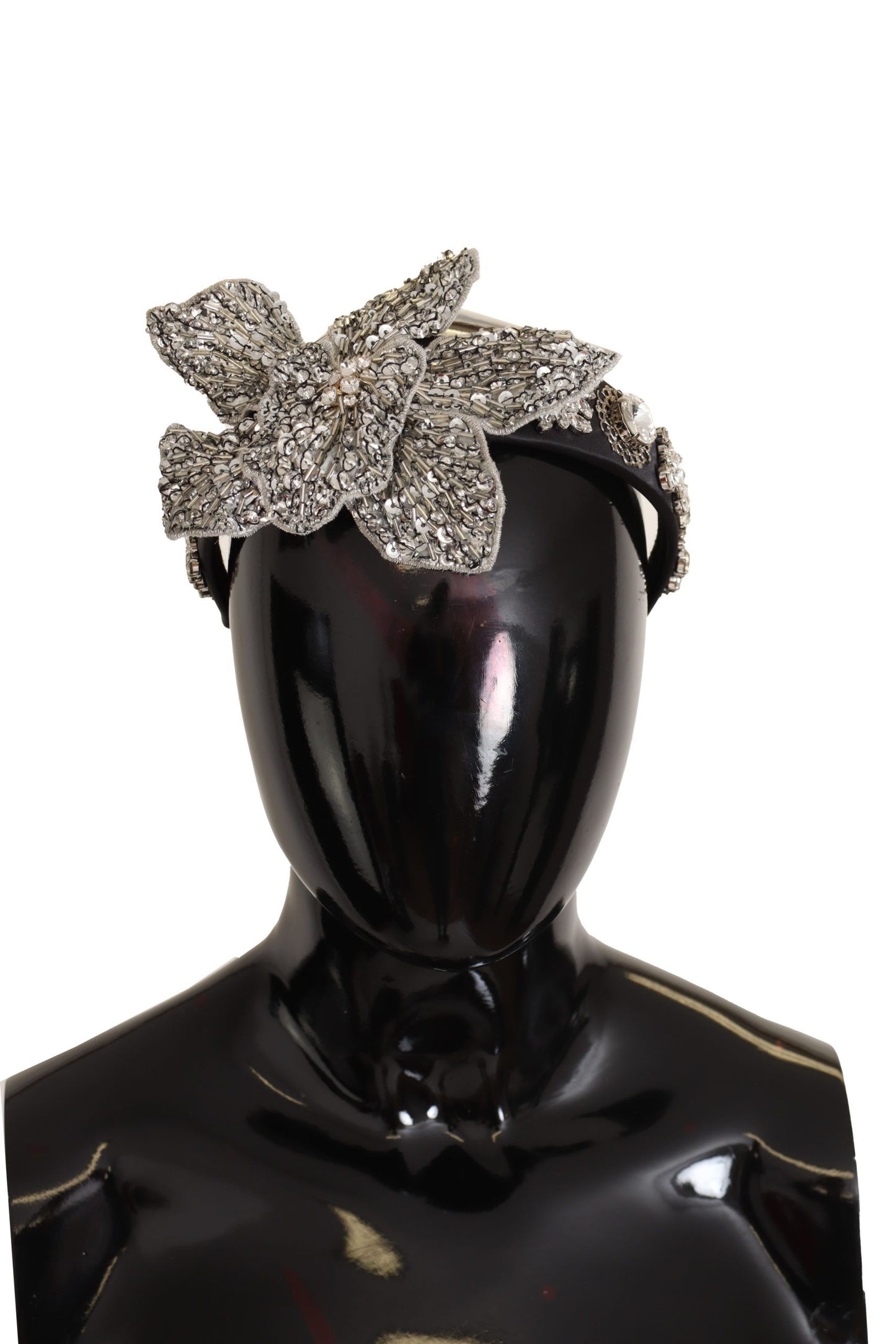 Black Crystal Beaded Sequined Large Flower Diadem Headband