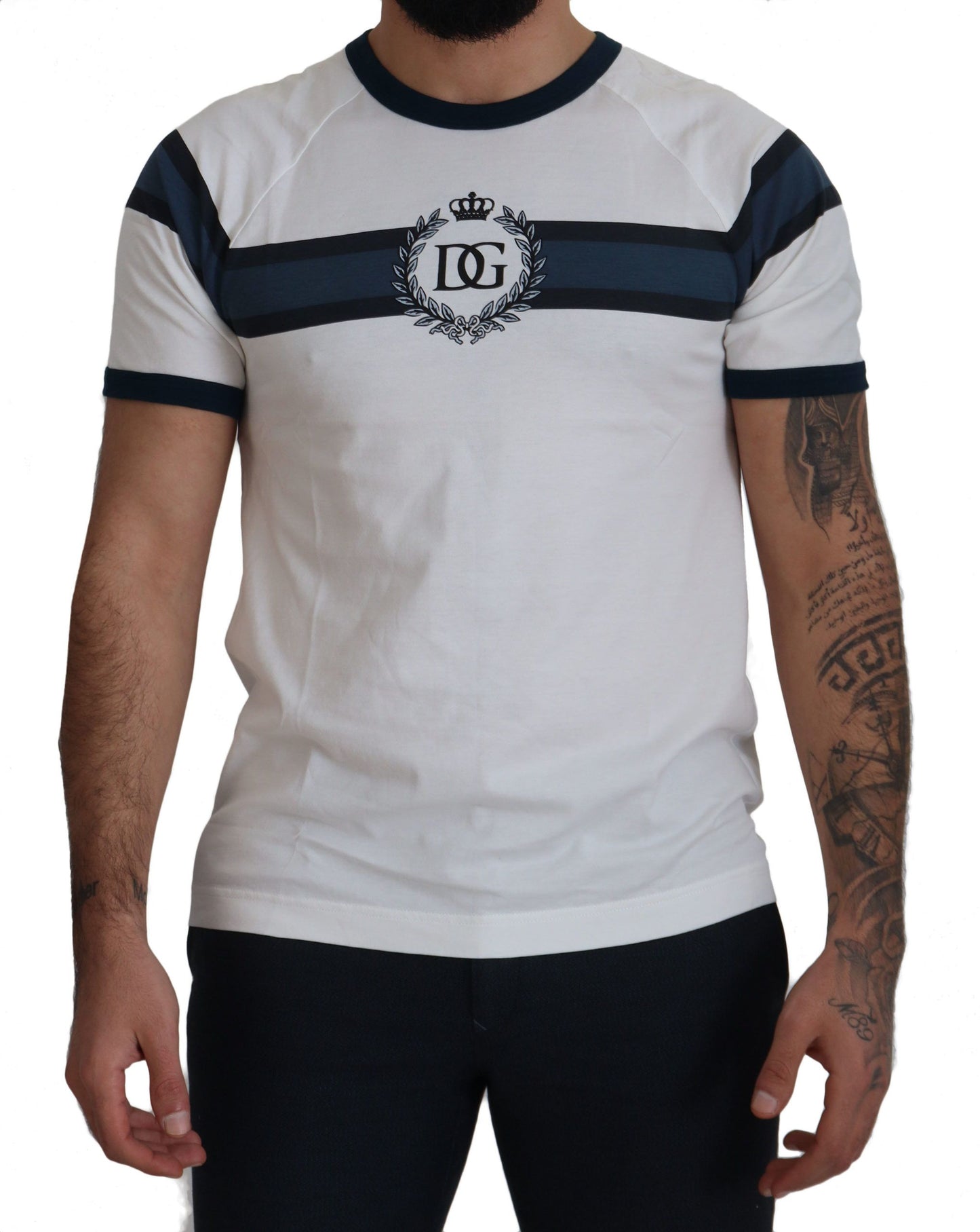 White Blue Cotton Logo Crewneck T-shirt