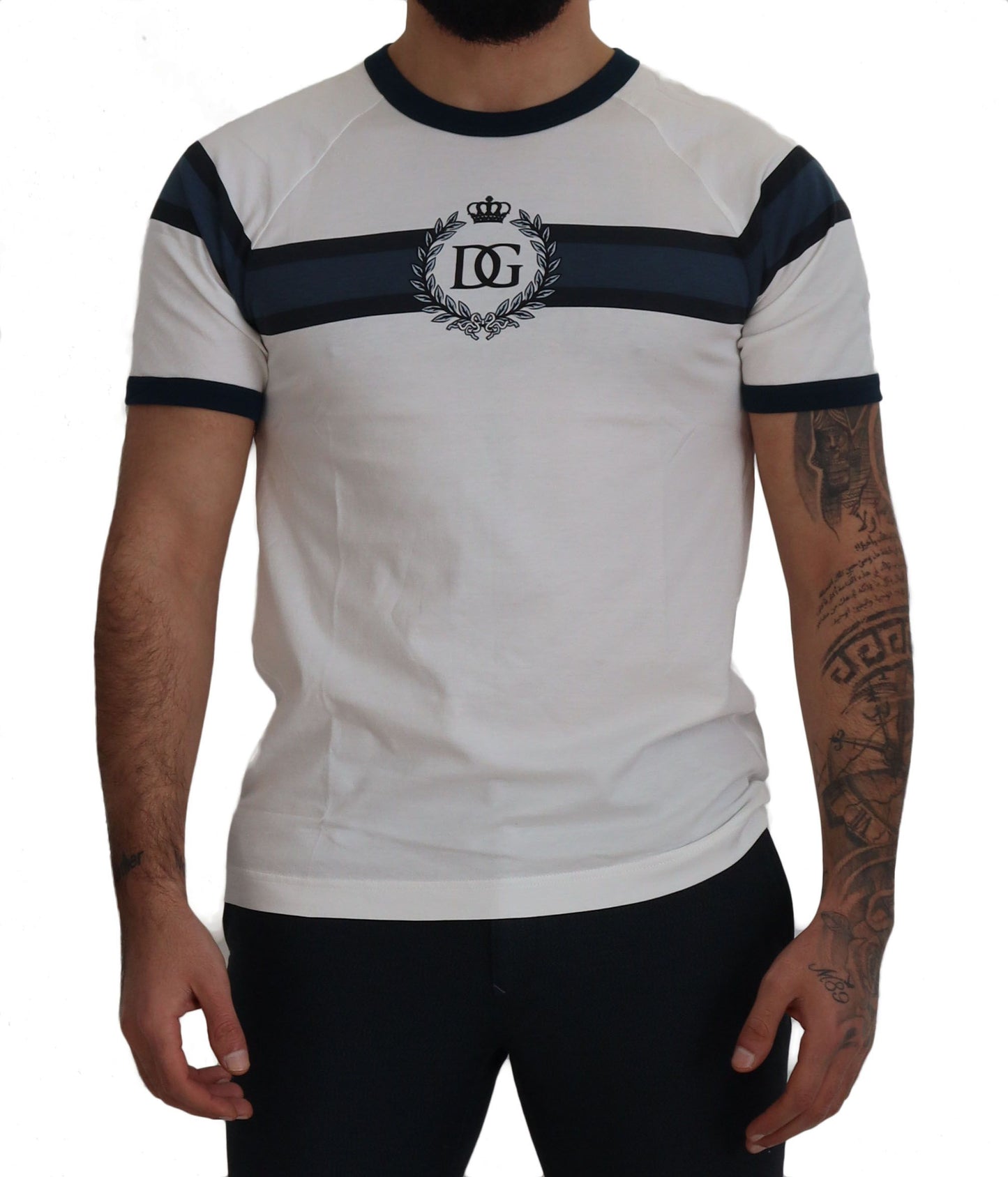 White Blue Cotton Logo Crewneck T-shirt