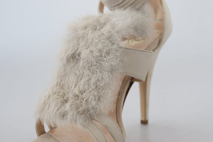 Beige Feather Ankle Strap Heels Sandals Shoes