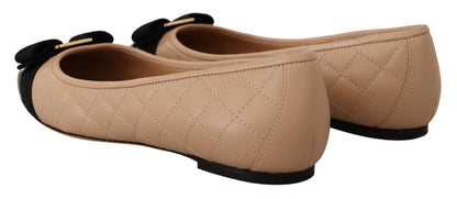 Beige and Black Nappa Leather Ballet Flat Shoes
