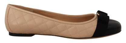 Beige and Black Nappa Leather Ballet Flat Shoes
