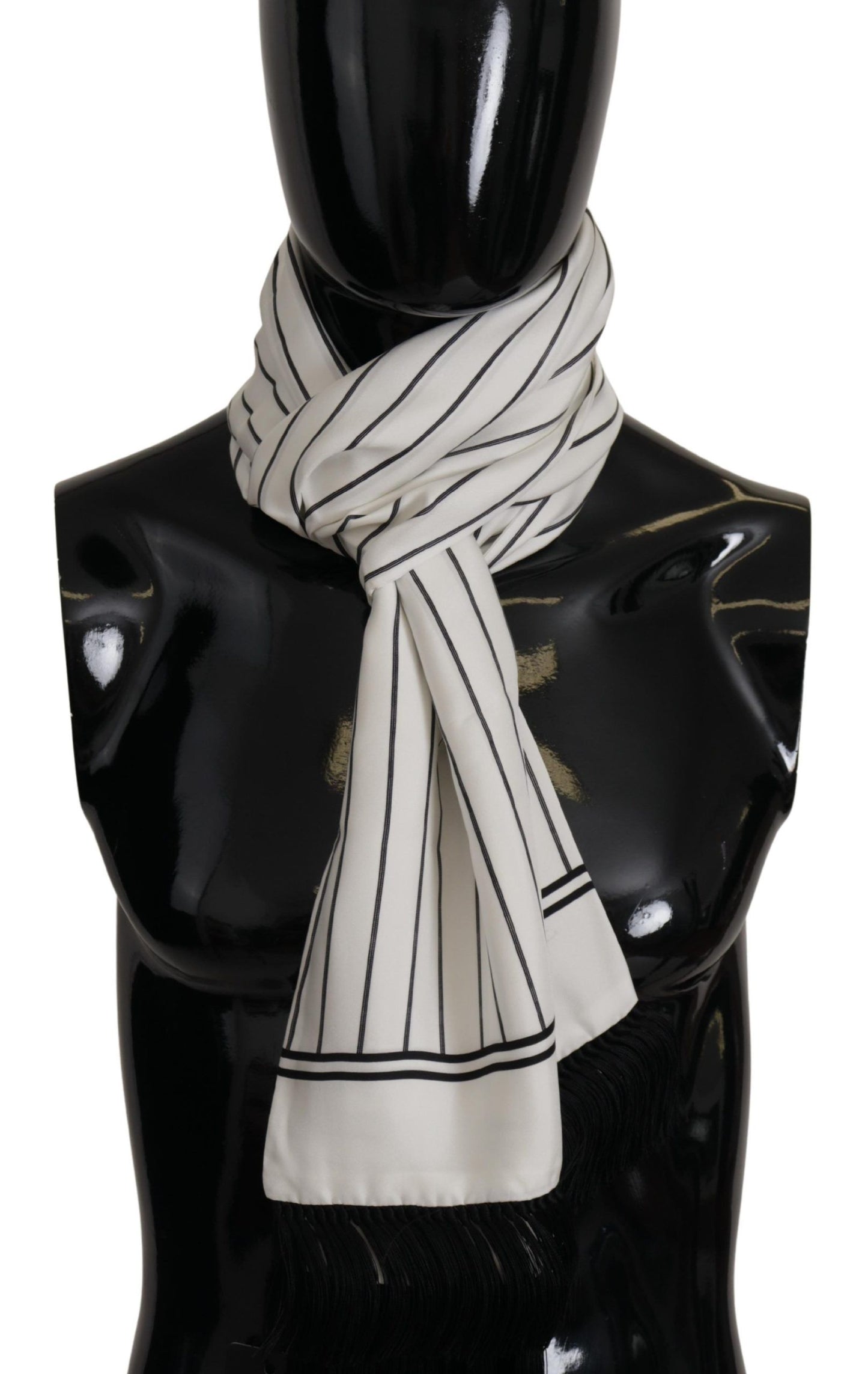 White Black Striped Logo Print Shawl Fringe Scarf