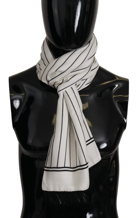 White Black Striped Logo Print Shawl Fringe Scarf