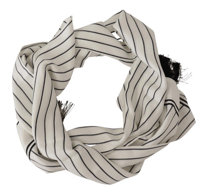 White Black Striped Logo Print Shawl Fringe Scarf
