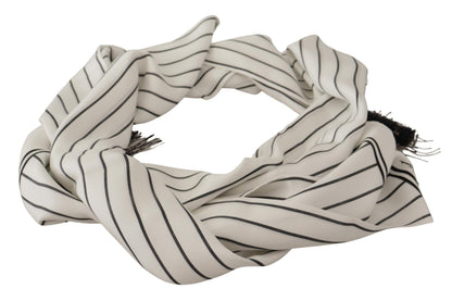 White Black Striped Logo Print Shawl Fringe Scarf