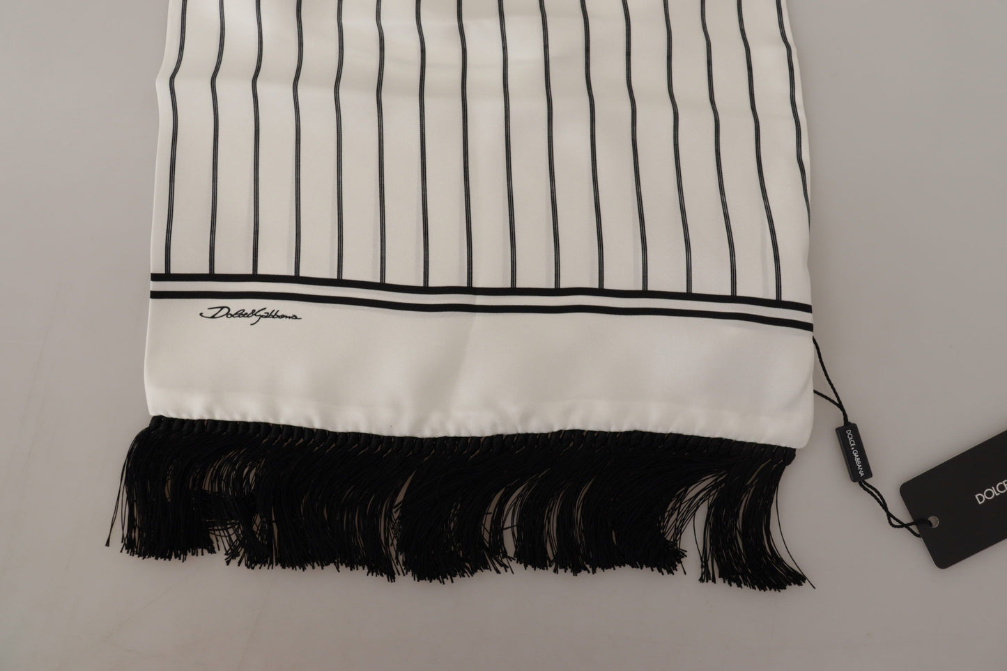 White Black Striped Logo Print Shawl Fringe Scarf