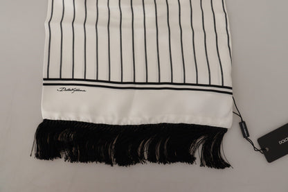 White Black Striped Logo Print Shawl Fringe Scarf