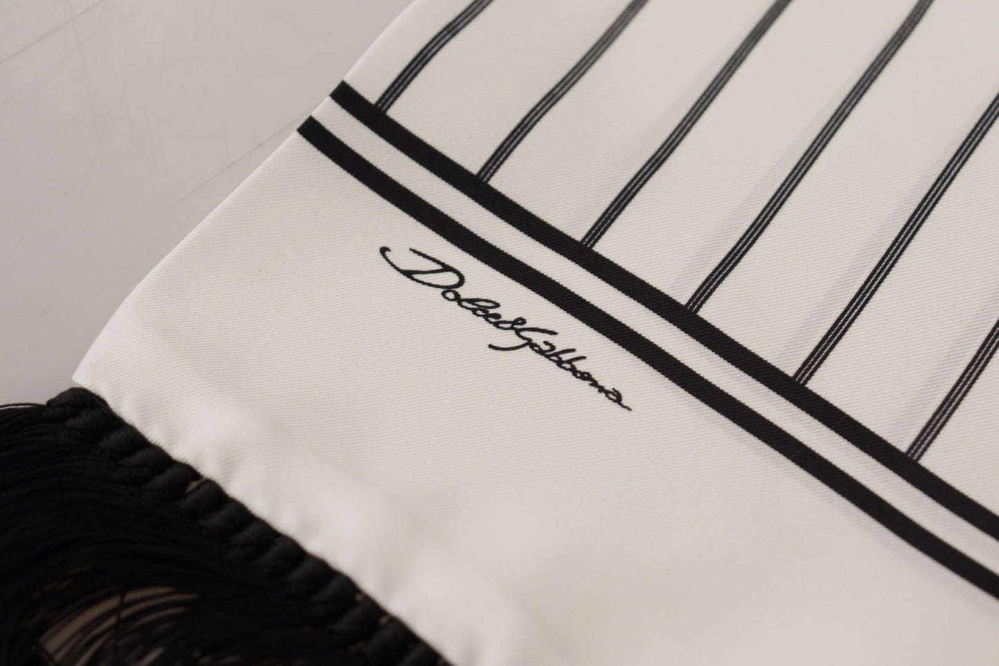 White Black Striped Logo Print Shawl Fringe Scarf