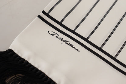 White Black Striped Logo Print Shawl Fringe Scarf