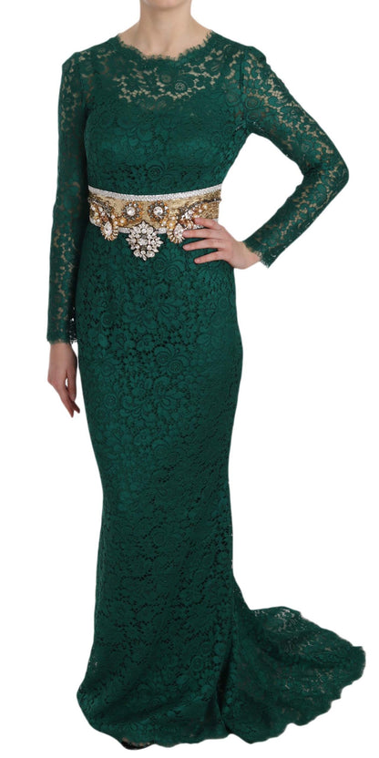 Crystal Gold Belt Lace Sheath Gown Dress