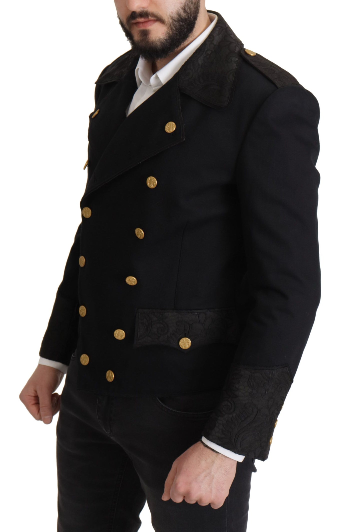 Black Button Embellished Cotton Blend Jacket