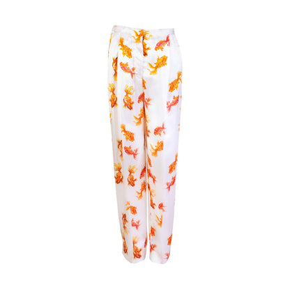 White Orange Printed Viscose Trousers