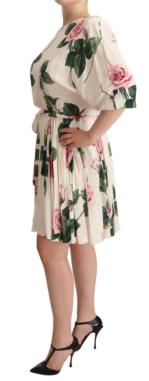 White Rose Print Stretch Silk Pleated Dress