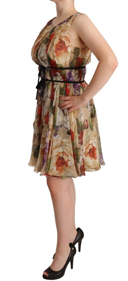 Beige Floral Sleeveless Round Neck Mini Dress