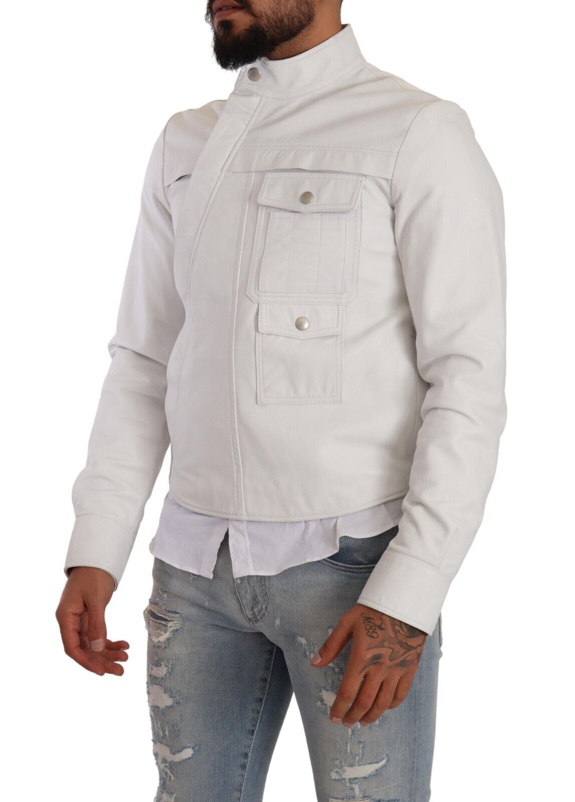 White Leather Biker Black Gold Collection Jacket
