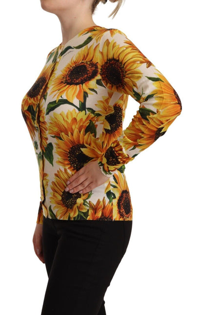 White Daisy Sunflower Silk Cashmere Cardigan Sweater