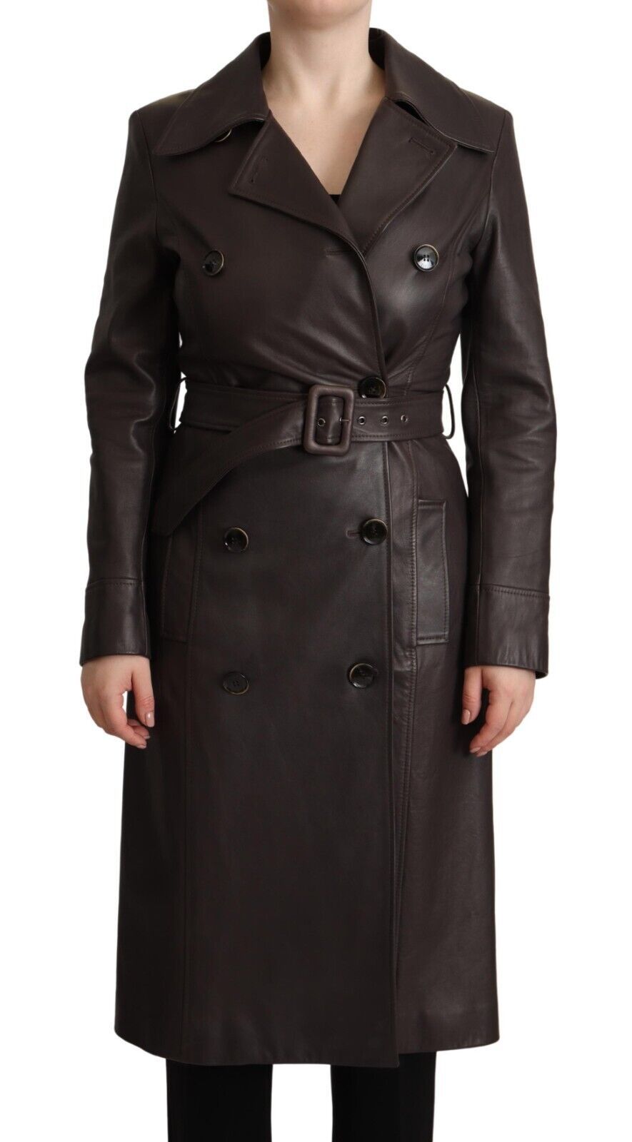 Dark Brown Leather Long Sleeves Belted Jacket