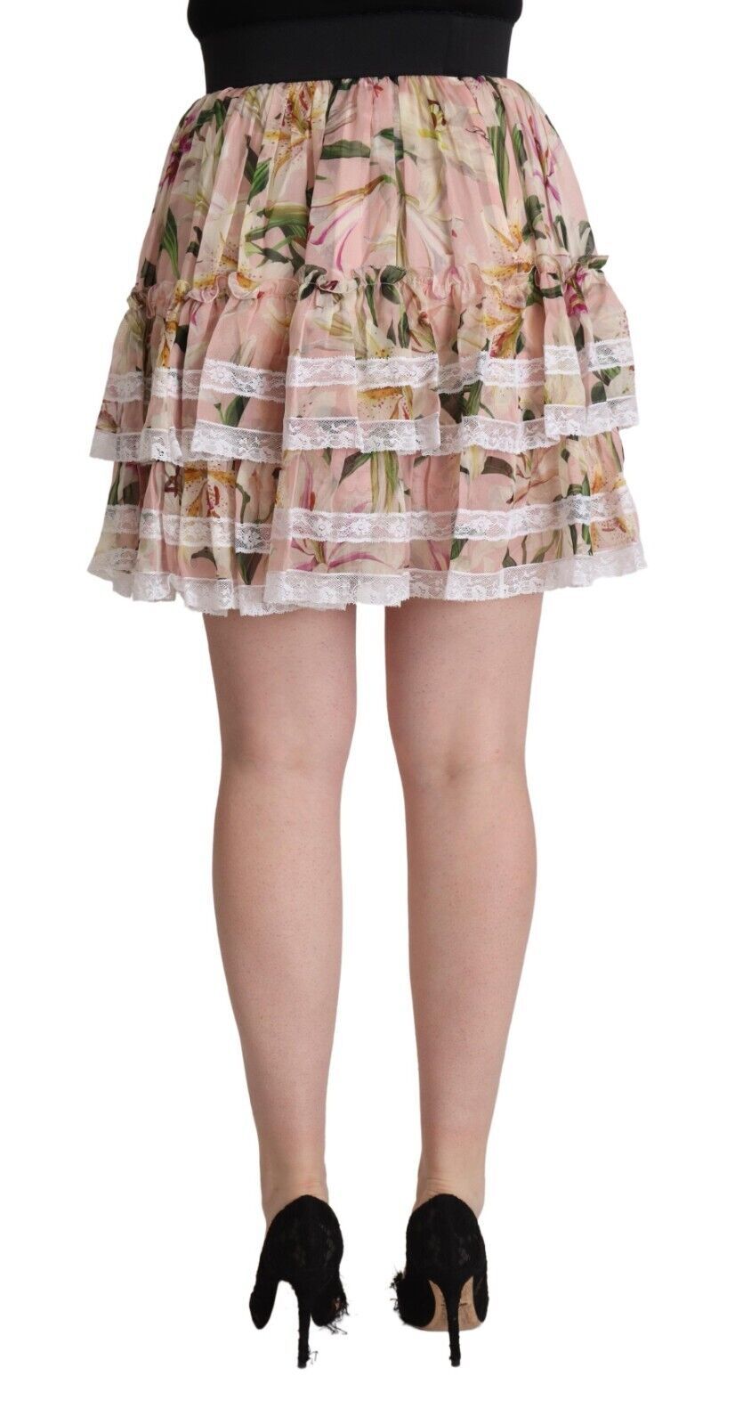 Pink Lily Print Silk Mini Tiered A-line Skirt