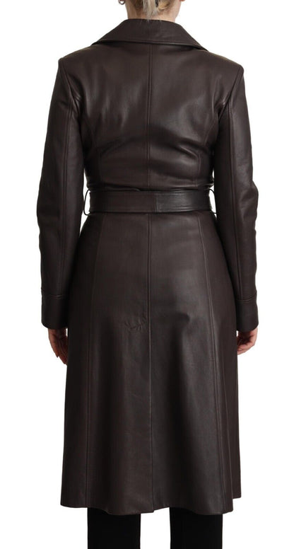 Dark Brown Leather Long Sleeves Belted Jacket