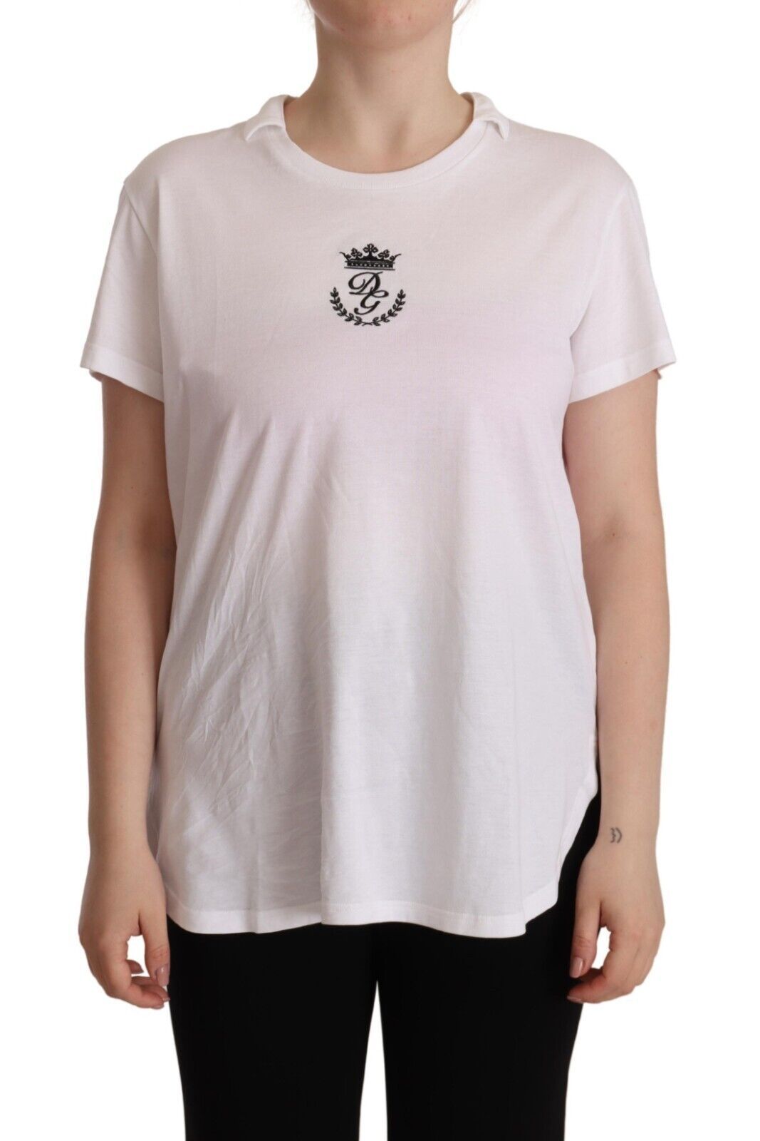 White DG Crown Print Cotton Collared Neck T-shirt