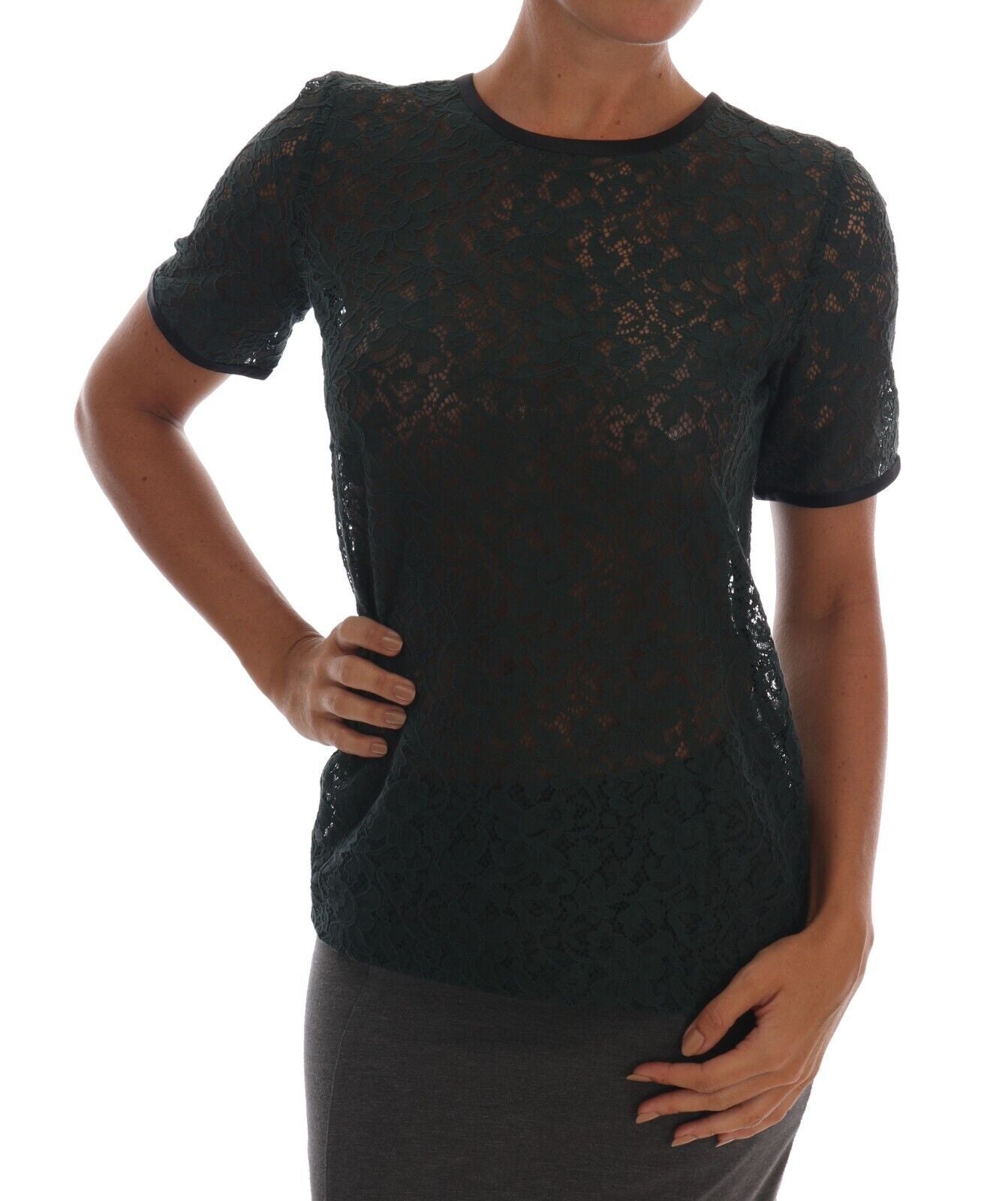 Dark Green Cotton Floral Lace Round Neck Blouse Top