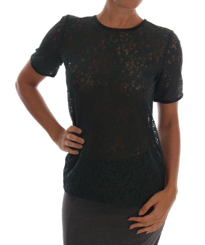 Dark Green Cotton Floral Lace Round Neck Blouse Top