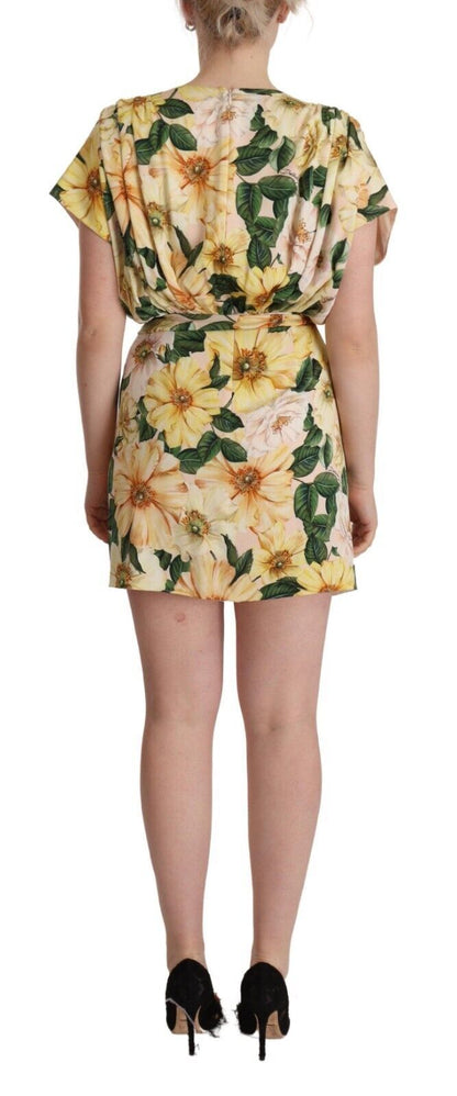 Yellow Floral Print Mini Wrap Around Dress