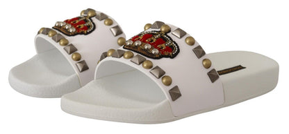 White Leather Crown Studs Slides Sandals Shoes