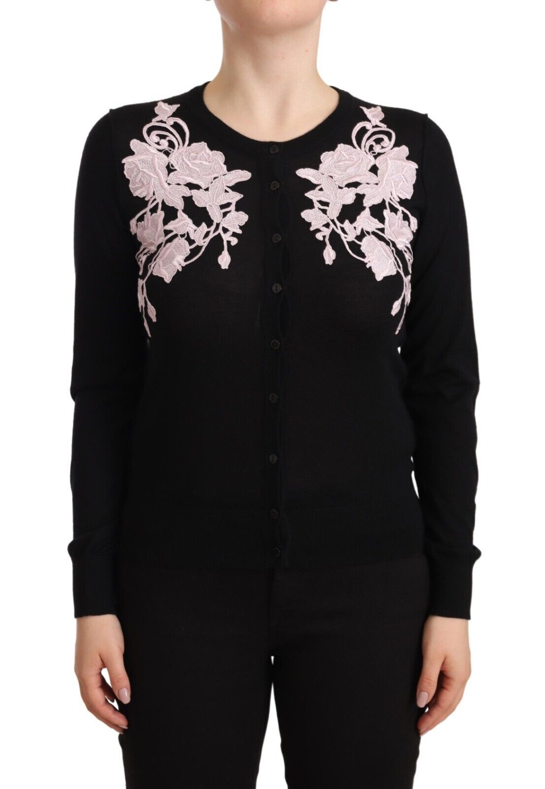 Black Cardigan Crewneck Pink Roses Sweater
