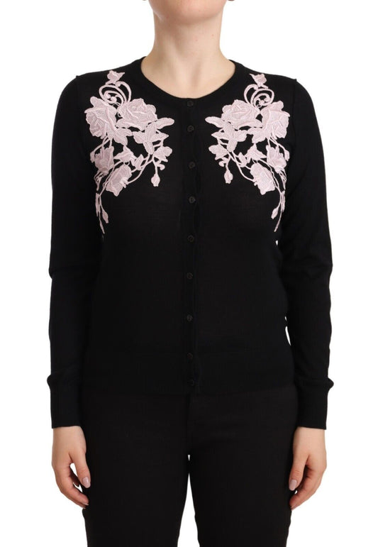 Black Cardigan Crewneck Pink Roses Sweater