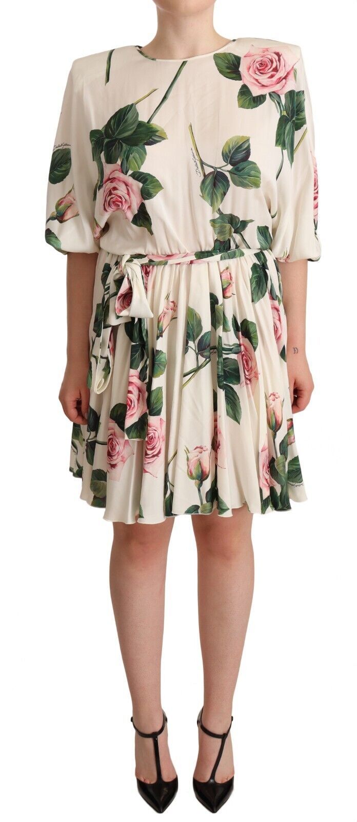 White Rose Print Stretch Silk Pleated Dress